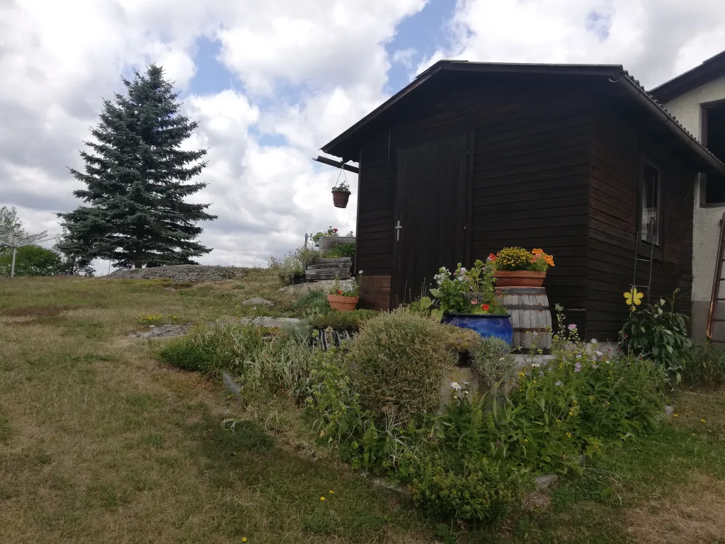 Garten mit Holzhütte, Blumenbeet und Tanne